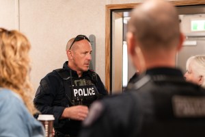 City of Trail RCMP officers discuss community safety with City councillors and Trail Association for Community Living (TACL) representatives at La Nina, the 25-bed shelter in Trail.